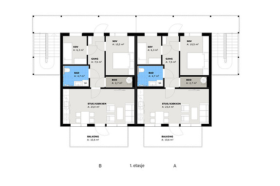 Plantegning 1. etg. Leilighet A til høyre