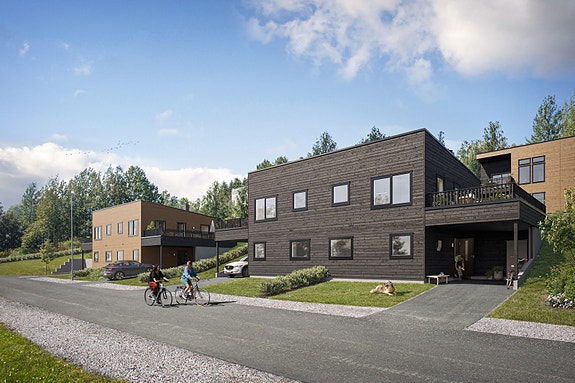 Den siste ledige boenheten ligger i hus 1 (lyst bygg). Illustrasjon.