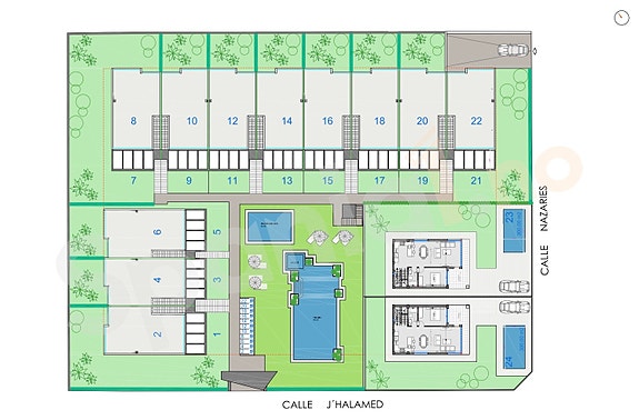 De to villaene befinner seg i en del av et kompleks med leiligheter.