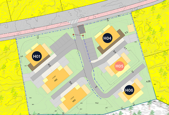 Situasjonsplan med boligene som er til salgs markert, byggetrinn 2 er H06 tomannsbolig med carport.