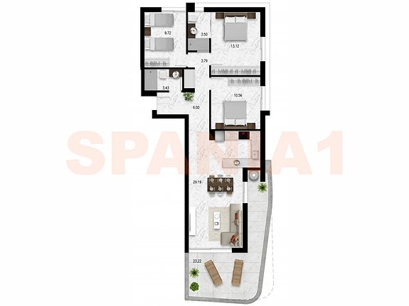 Plantegning av hjørne-leilighet med 3 soverom