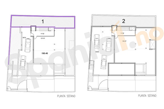 Plantegning underetasje med plass til 2 eller 3 biler