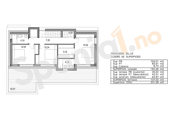 Plantegning med 3 soverom alt. 3
