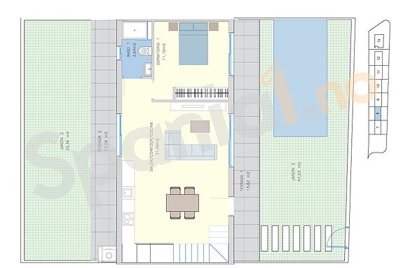Plantegning hovedplan og hage/terrasse (alternativ med 2 sov)