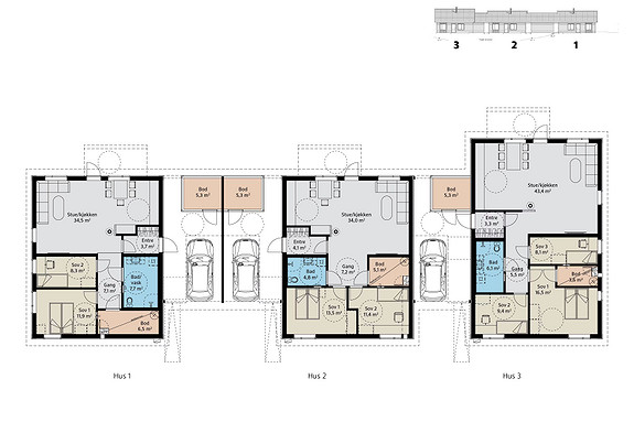 Plantegning - Hus 1 og 2 er ledig, med mulighet for rask overtakelse.