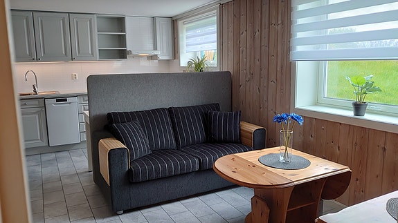 Kjøkken-stue åpen løsning med 2 vinduer mot øst.
Det kommer ny sofa og nytt bord.