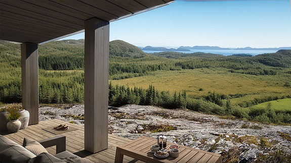 Illustrasjon fra terrasse på en Sommer Vy. Her kan sommeren nytes!