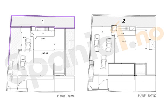 Plantegning underetasje med plass til 2 eller 3 biler