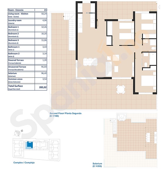 Plantegning Penthouse med 3 soverom og stor terrasse 92m2 og takterrasse 96m2