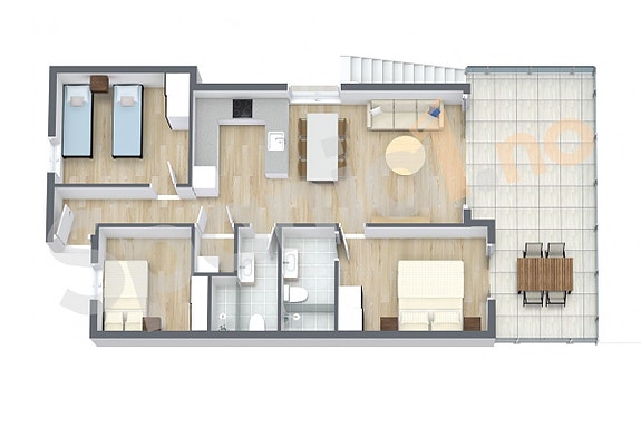 3D planskisse toppetasje med 3 soverom