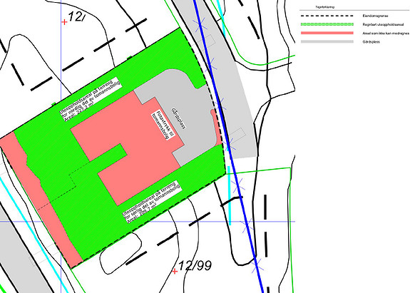 Uteoppholdsareal nordlig del (53 b), areal: 227,2 m2.
Uteoppholdsareal sørlig del (53 a), areal: 209,7 m2