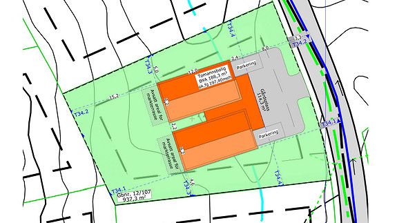 Situasjonskart som viser tomten for begge boligene. Tomt 34