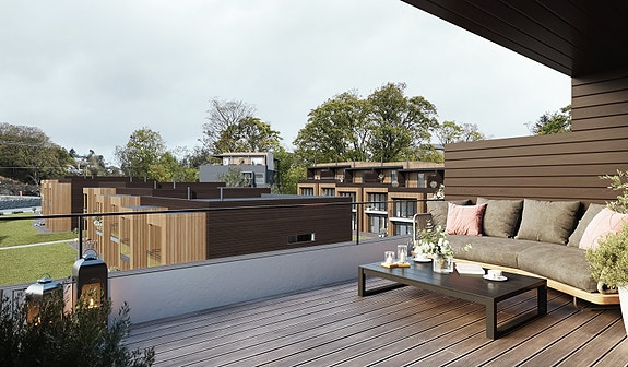 Rekkehusene får flotte uteområder med gode solforhold. En flott plass å nyte ettermiddagen. Her fra rekke BKS6. Avvik kan forekomme på viste 3D illustrasjon
