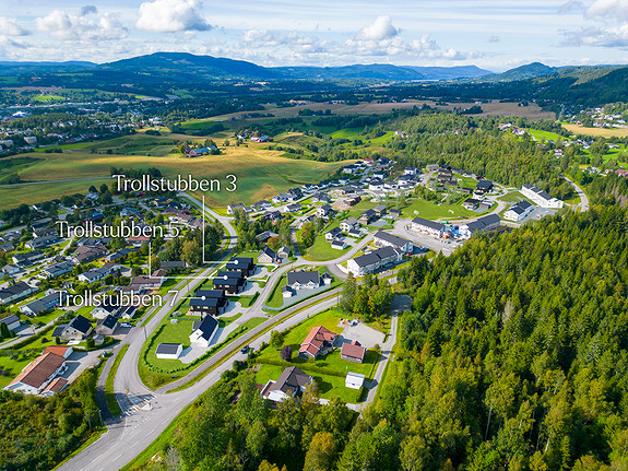 Oversiktsillustrasjon med boligene markert. Eidsvoll sentrum i bakgrunnen til venstre.