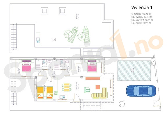 Villa med 3 soverom og 2 bad | Alt på et plan med takterrasse og basseng | Parkering
