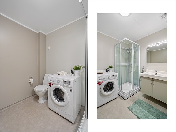 Et romslig og delikat baderom med nøytrale fargetoner som gir en rolig og behagelig atmosfære