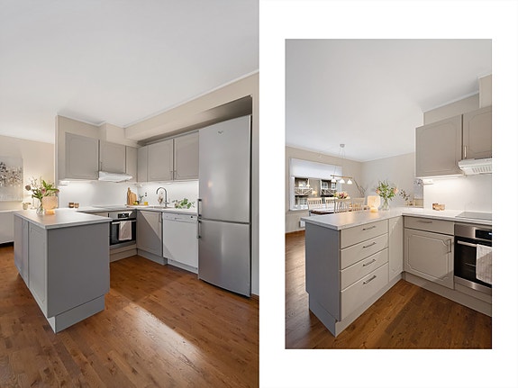 Kjøkkenet er praktisk utformet med kjøkkenøy