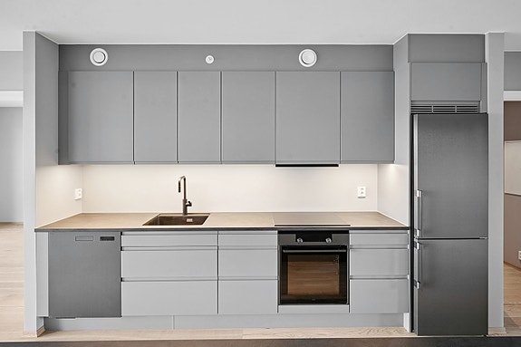 Praktisk kjøkkenløsning med integrerte hvitevarer og moderne funksjoner.