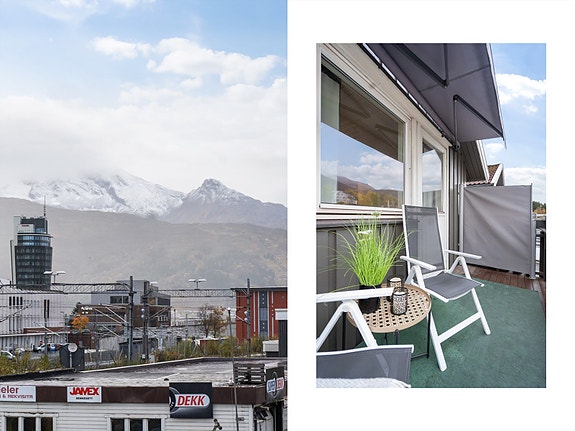 Fra balkongen har du flott utsikt mot fjellene og byen. En perfekt plass for morgenkaffen eller rolige kvelder med kveldssol og fjellutsikt