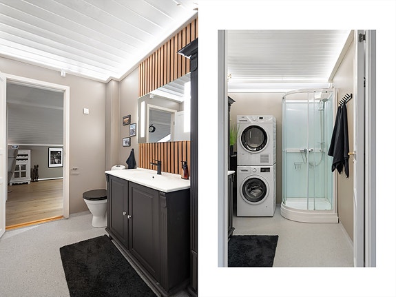 Praktisk og gjennomført baderom med både vaskemaskin og tørketrommel. Her er alt lagt til rette for en funksjonell og komfortabel hverdag