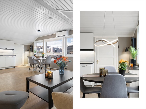 Lys og trivelig spiseplass med moderne belysning og utsyn over nærområdet - perfekt for både hverdagsmåltider og sosiale sammenkomster
