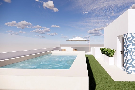 Nybygg! Leilighet like ved strand og sentrum - Felles takterrasse med basseng og uteplass