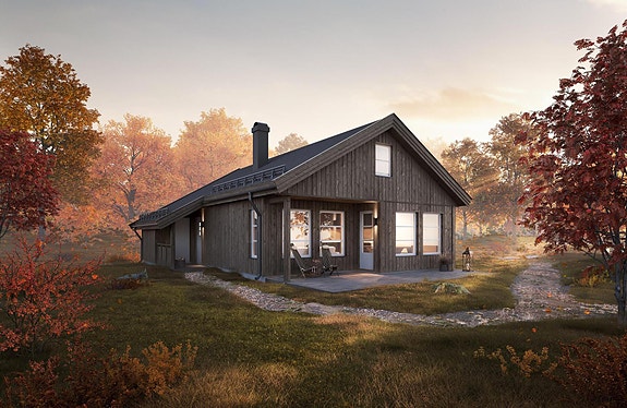 Hyttemodell Furutangen 75 er en koselig og funksjonell hytte.
Illustrasjon. Planløsning vil tilpasses tomten og kundens ønsker ved utarb. av situasjonsplan