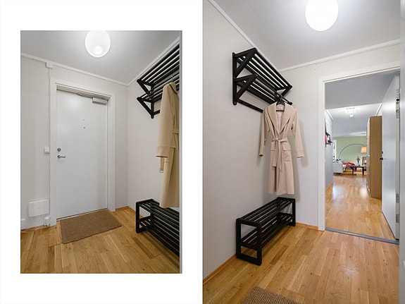 Velkommen inn! Lys og praktisk entré med plass til yttertøy og sko. En ryddig velkomstsone med parkettgulv og nøytrale farger som skaper et moderne uttrykk