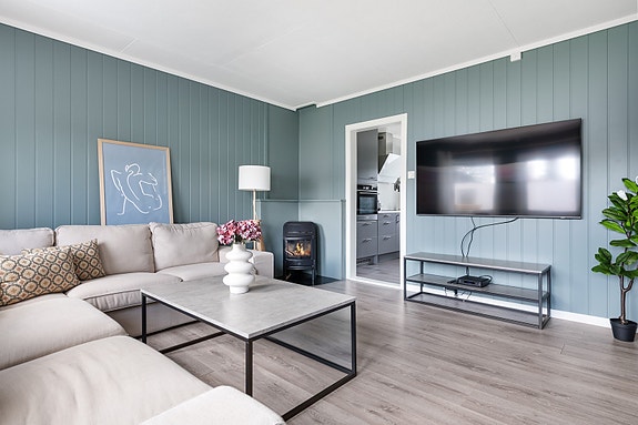 En koselig stue med vedfyring som er sentral oppvarmingskilde i boligen