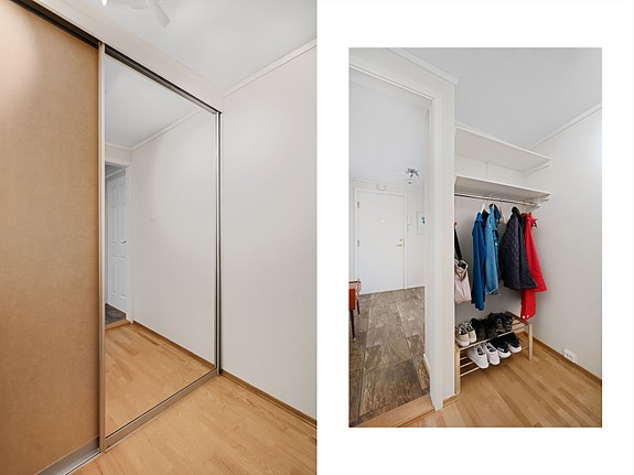 Leiligheten har også walk-in garderobe utstyrt med skyvedørsgarderobe og praktisk klesoppheng