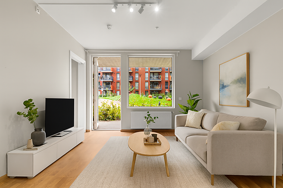 Krogsveen v/Simen Grevskott har gleden av å presentere denne strøkne 2-roms andelsleiligheten med en romslig, herlig terrasse. (Digitalt stylet) Foto: Alejandro Villanueva/Villanueva photo