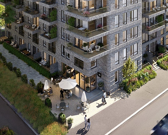 Solrik uteservering med eksponering rett mot Jordalsparken (ILLUSTRASJON)