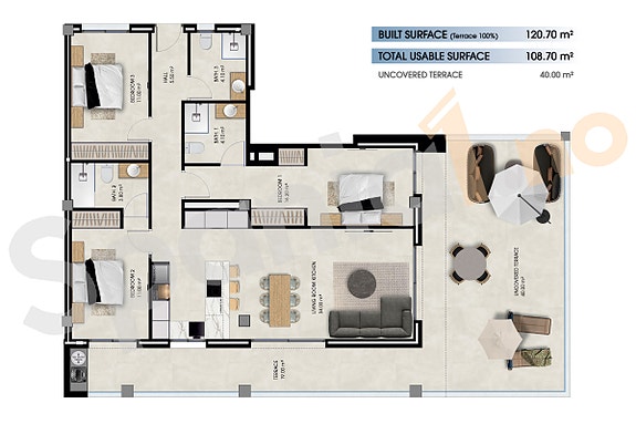 Leilighet på bakkeplan med 3 soverom og privat hage - Garasje, terrasse og felles basseng - Nær stranden