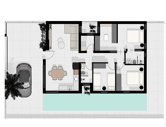 Villa på ett plan med 3 soverom - Store uteområder med mulighet for basseng og takterrasse
