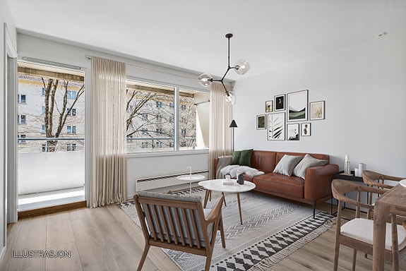 Lys stue med utgang til stor balkong. Bildene viser en tilsvarende leilighet i bygget. Kort vei til T-bane, trikk, Storo Senter, turveier.