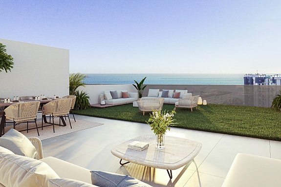 HAVUTSIKT! Hjørne-penthouse med 3 soverom og romslig takterrasse - Basseng, spa og hage