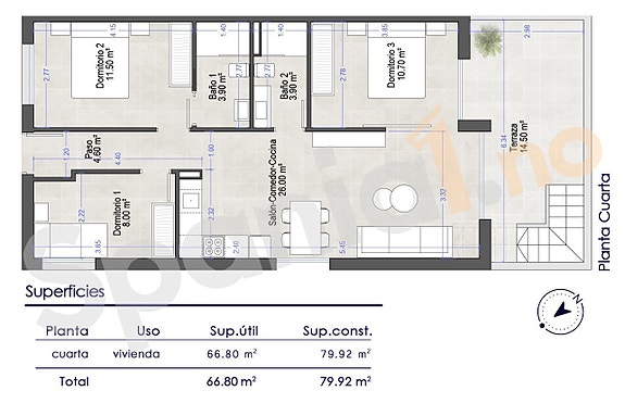 Turistlisens! Toppleilighet med privat takterrasse på 72 m - Kun 750 m fra stranden - 3 soverom og 2 bad