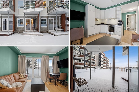 Tomasjordnes 37 - En moderne studioleilighet med kombinert stue og kjøkken, bad/vaskerom, sovealkove og gang. Utgang til overbygget vestvendt terrasse