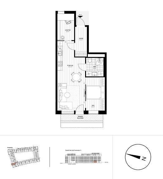 Ny 2-roms leilighet med soverom + kontor ferdigstilles før sommeren! Planløsning - det medfølger også egen sportsbod i kjeller.
NB: Det leveres slagdør ikke skyvedør på dør mellom kjøkken og kontor. Skyvedør mellom entré og kjøkken i stedet