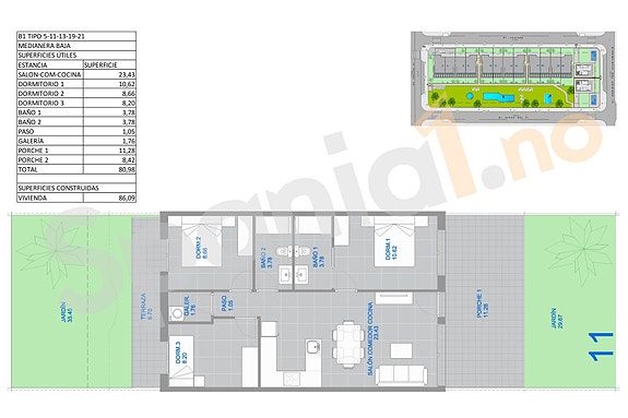 Plantegning leilighet på bakkeplan med terrasse/hage - 3 soverom og 2 bad