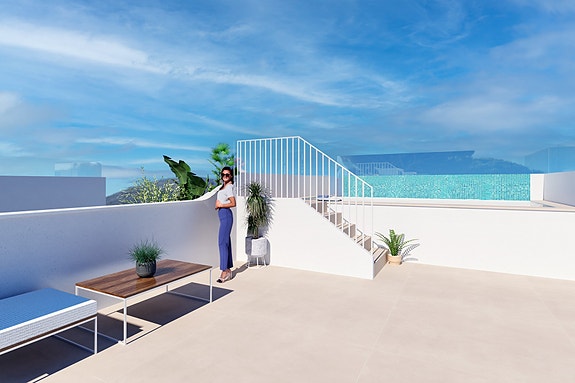 Nyhet | Kun 150 m til flott strand | Moderne penthouse-leilighet med havutsikt | Takterrasse | Flotte fellesområder