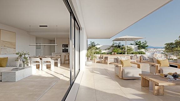 Penthouse med attraktiv beliggenhet | 3 soverom og 2 bad | Terrasse og takterrasse | Fellesområde med saltvannsbasseng