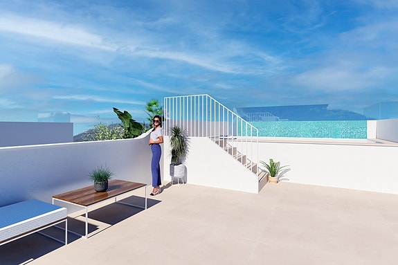 Nyhet | Kun 150 m til flott strand | Moderne penthouse-leilighet med havutsikt | Takterrasse | Flotte fellesområder