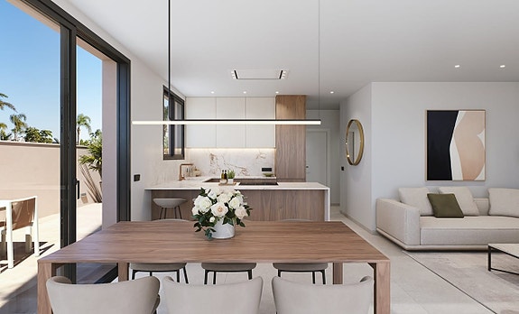 Moderne tomannsboliger med tre soverom, takterrasse, privat basseng og flott beliggenhet nær Las Higuericas-stranden.