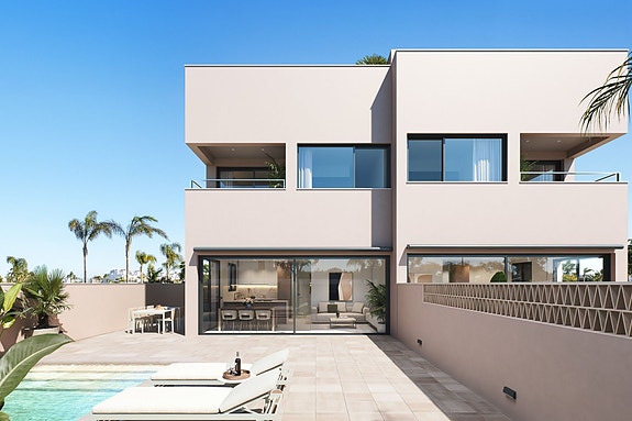 Moderne tomannsboliger med tre soverom, takterrasse, privat basseng og flott beliggenhet nær Las Higuericas-stranden.