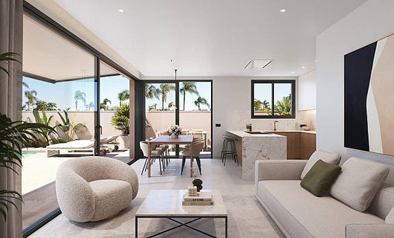 Moderne tomannsboliger med tre soverom, takterrasse, privat basseng og flott beliggenhet nær Las Higuericas-stranden.