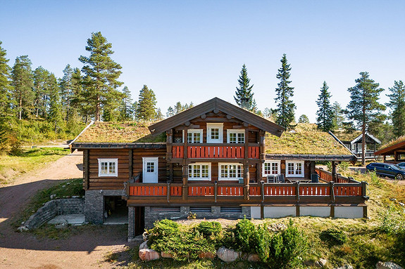 Romslig laftehytte over 2 plan med underetasje og stor, solrik terrasse mot sydvest.