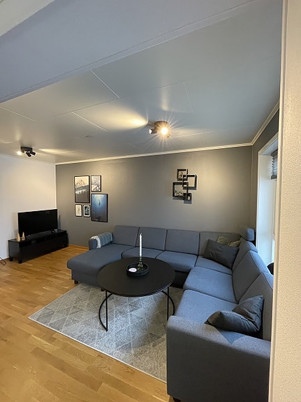 Romslig stue med stor sofa, bord, vitrineskap og tv.