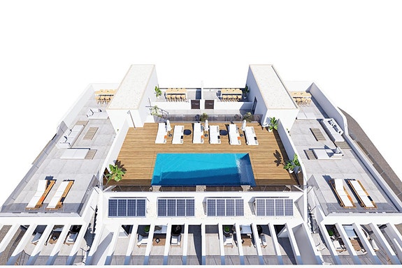 Penthouse-leilighet med 3 soverom og takterrasse | Fellesområde med basseng | Parkering