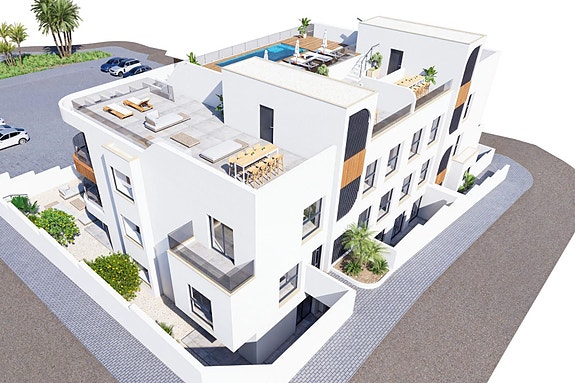 Penthouse-leilighet med 3 soverom og takterrasse | Fellesområde med basseng | Parkering